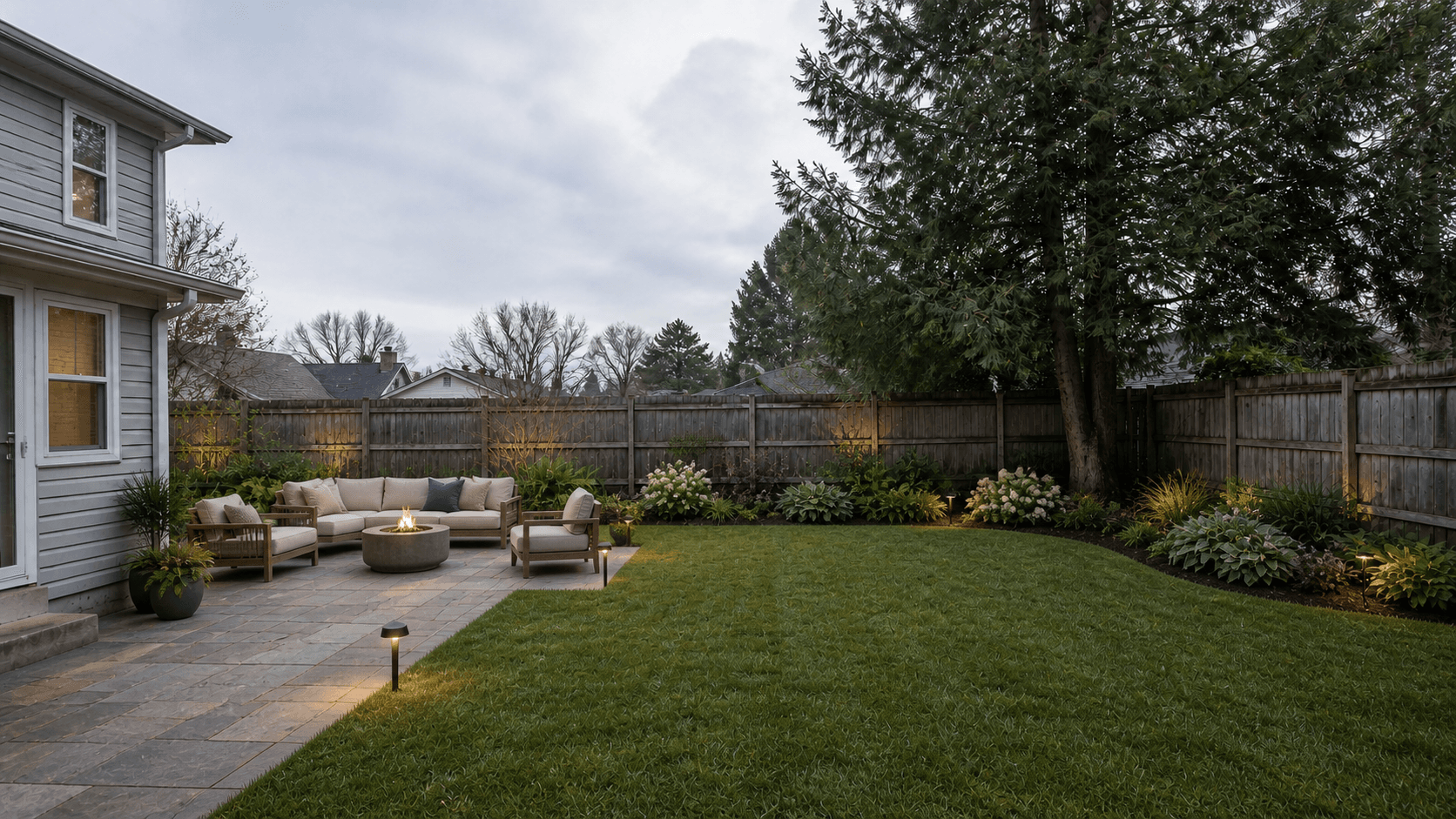 A professionally designed backyard with a patio, seating, fire table, and layered planting