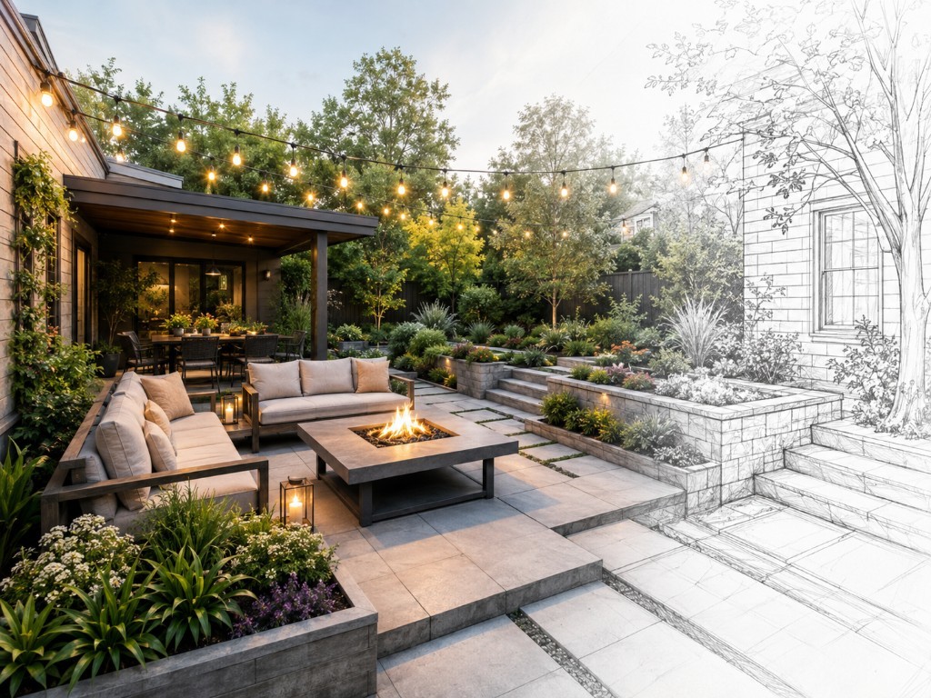 A designed outdoor living space with patio seating and layered planting