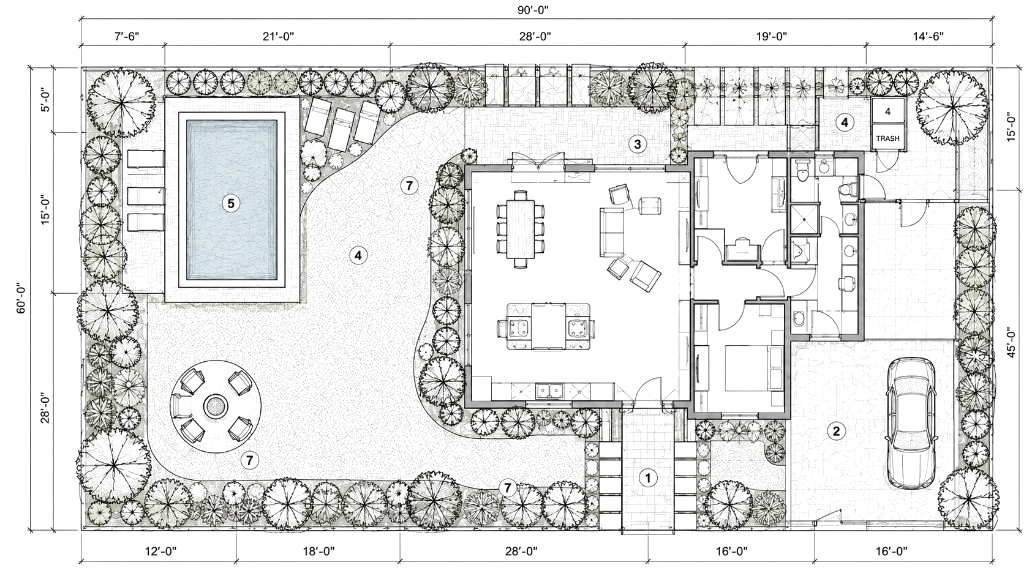 Site plan map of a property with dimensions and yard layout