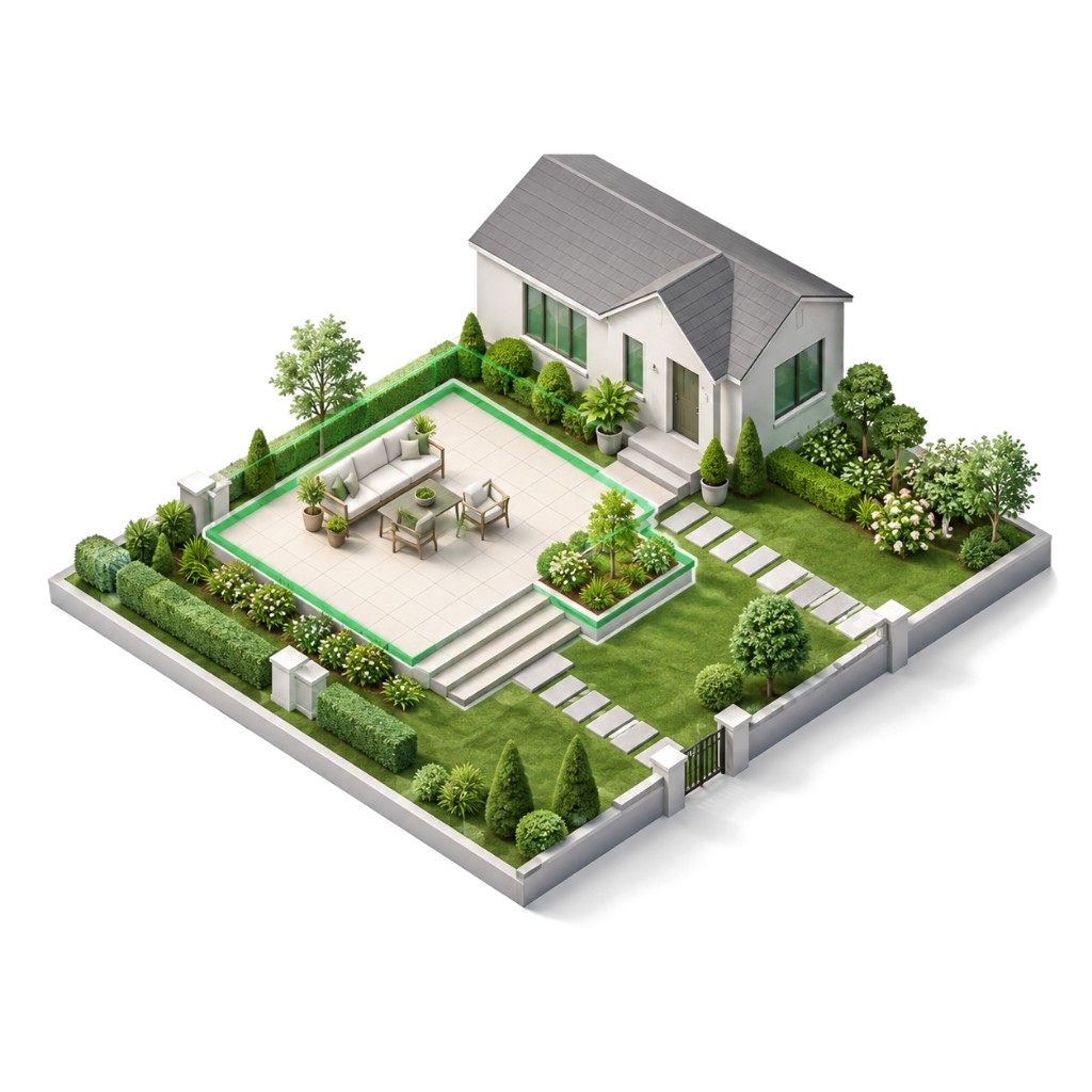 Isometric yard with a highlighted patio area selected for redesign