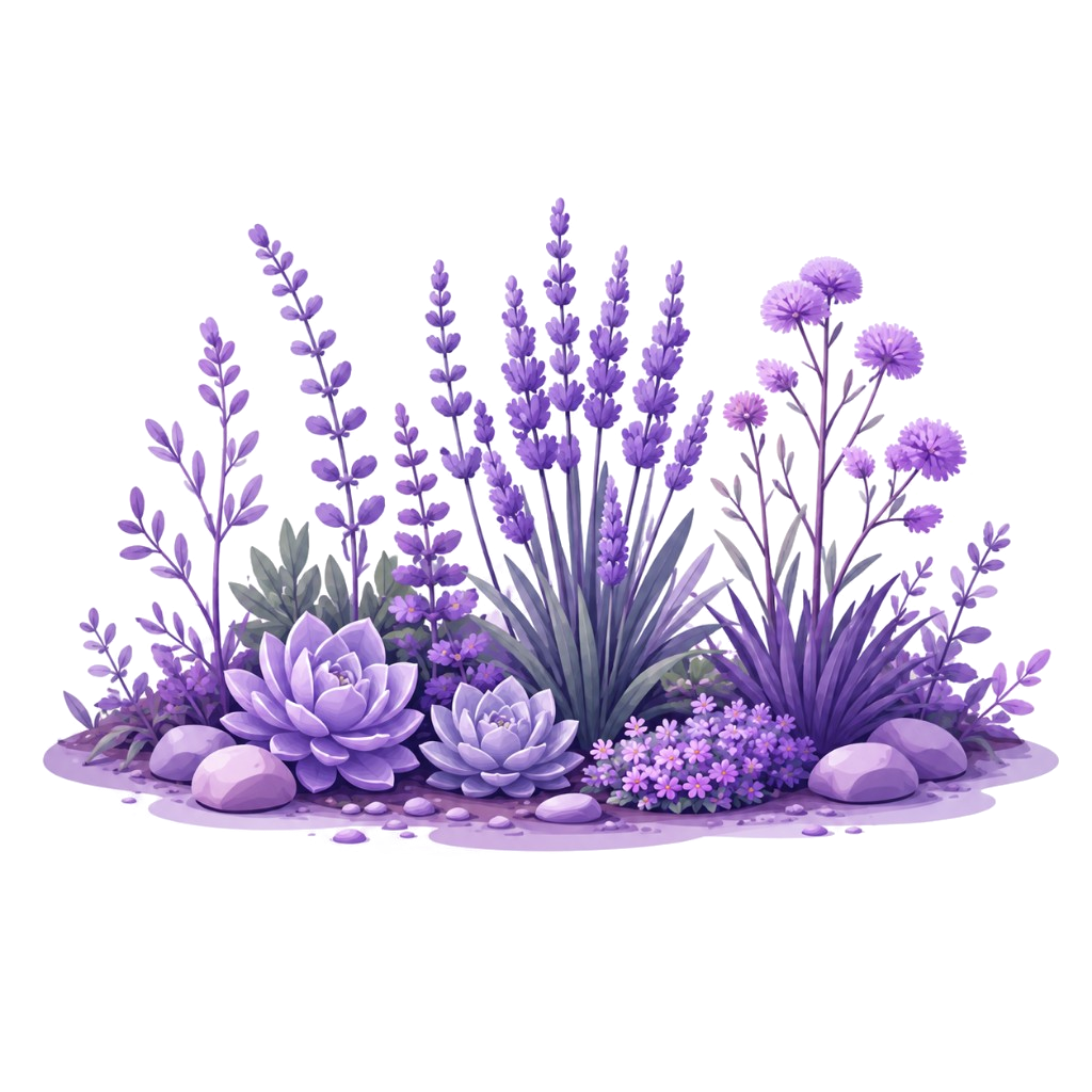 Illustrated planting bed with flowers and shrubs